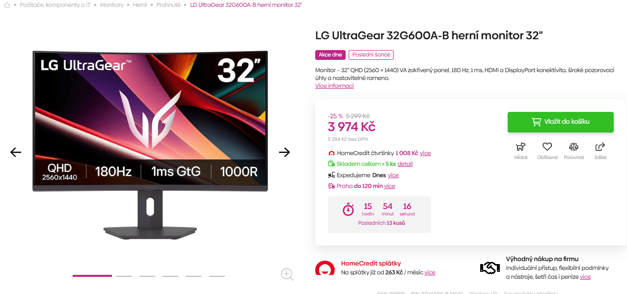 Herní QHD PC monitor LG Ultragear 32", curved