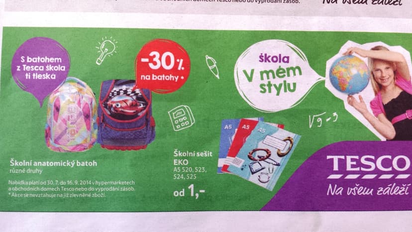 Tesco - sleva 30% na školní batohy