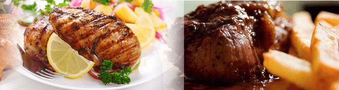600 g výtečných steaků na prkénku s přílohami