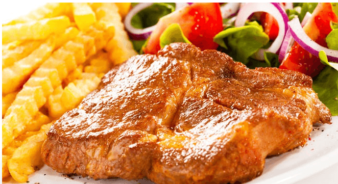 600 g steaků, hranolky, brambory, placičky