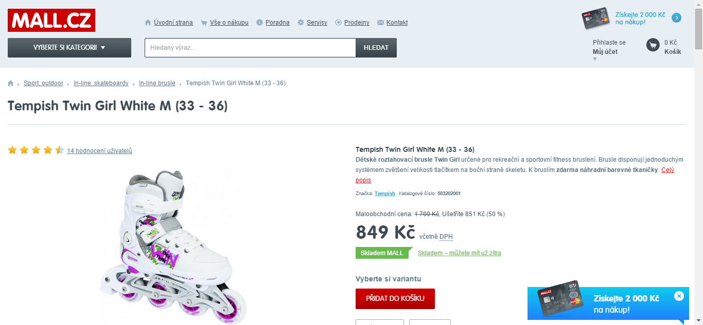 Inline brusle Tempish Twin 33-36 - sleva 350 Kč
