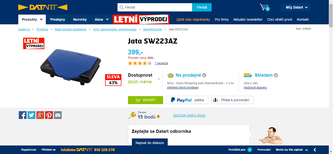 Sendvičovač Jata SW 223 - sleva 200 Kč