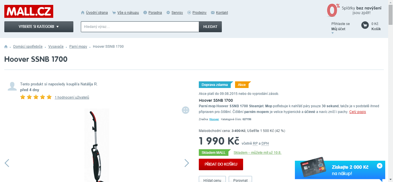 Parní mop Hoover - sleva 1500 Kč