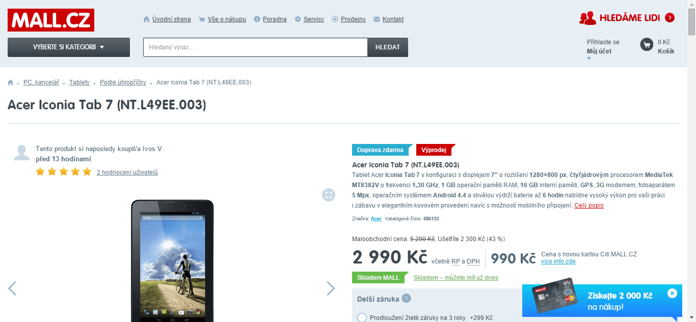 Tablet Acer, 4x 1,3GHz, 1GB RAM, 7" - sleva 25%