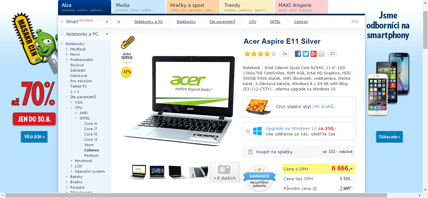 Acer, 11,6", 4x až 2,25GHz, 4GB RAM - sleva 1300