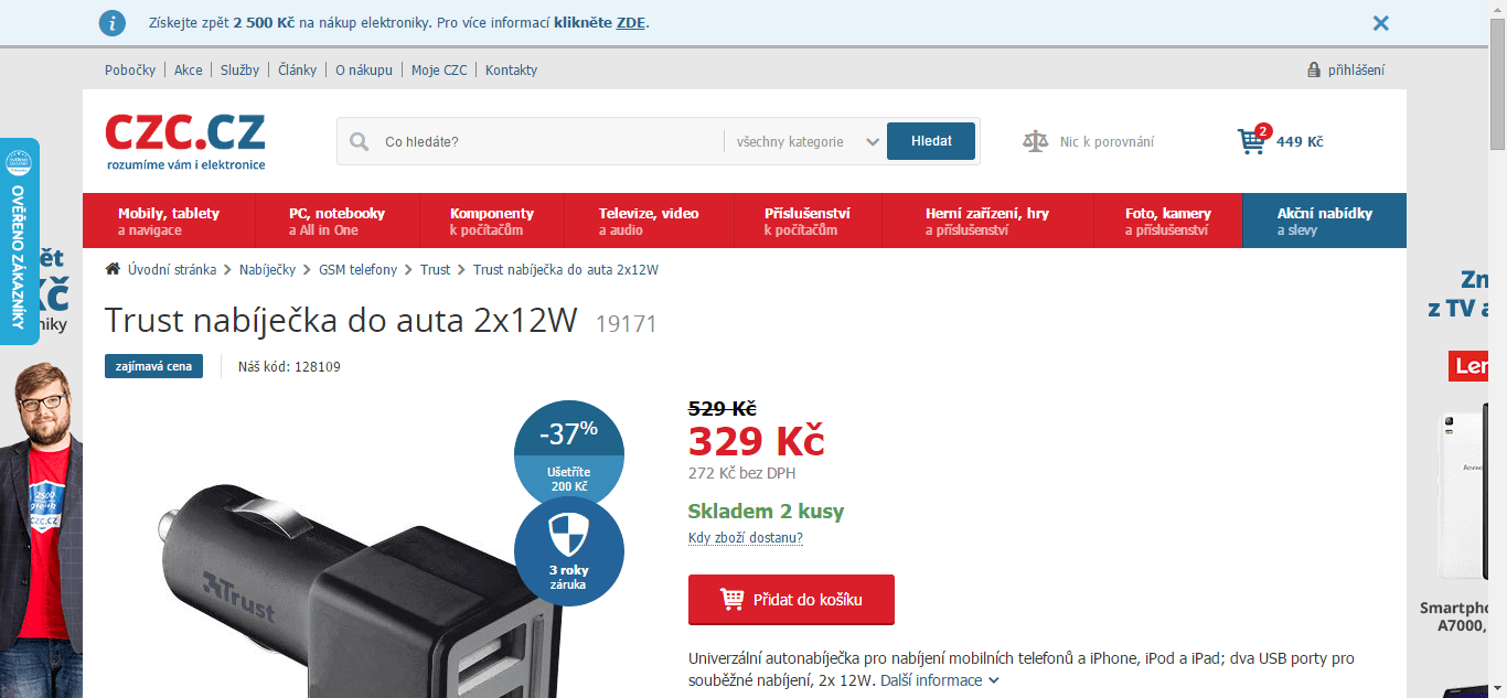 Autonabíječka Trust - 2x USB, 12W - sleva 50%