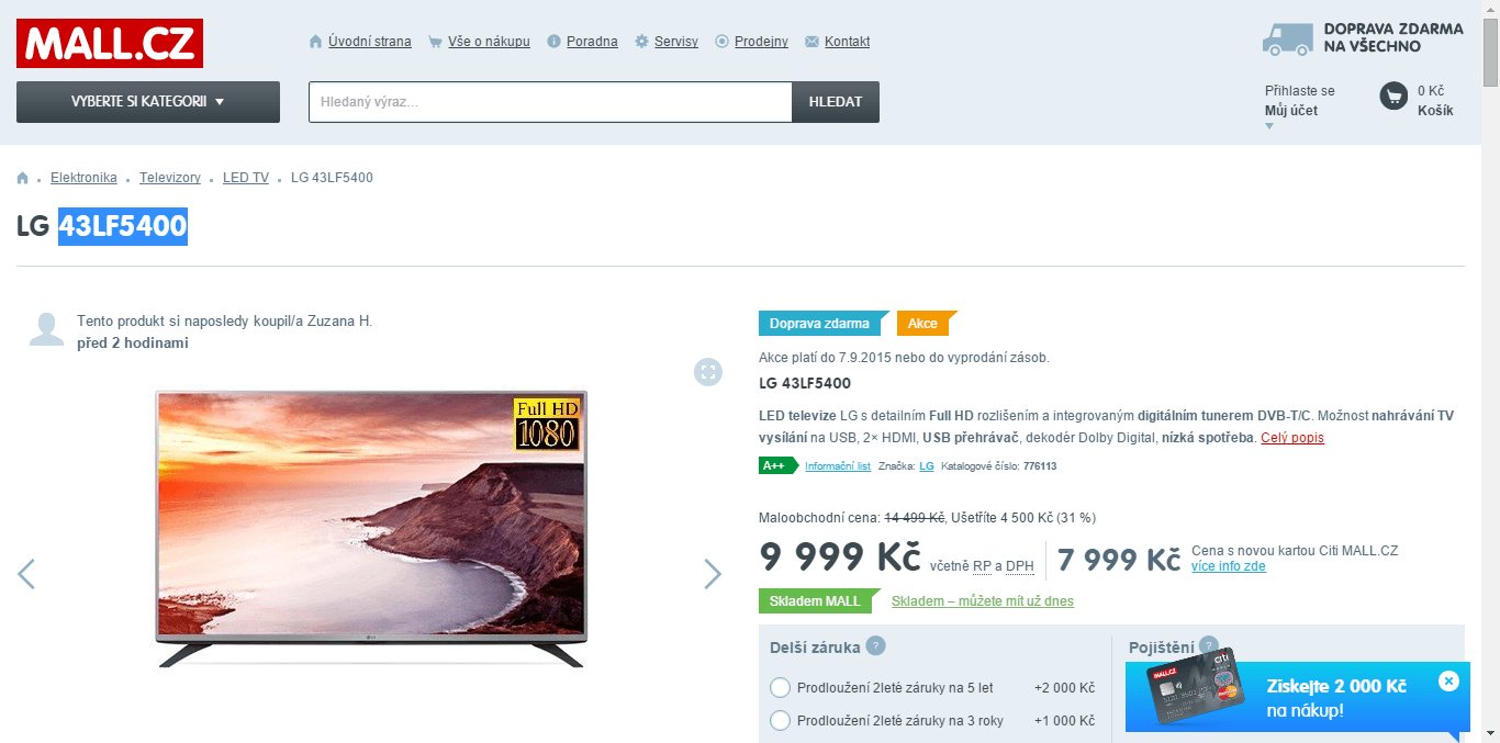 Full HD, LED, 108 cm, LG - nejlevněji