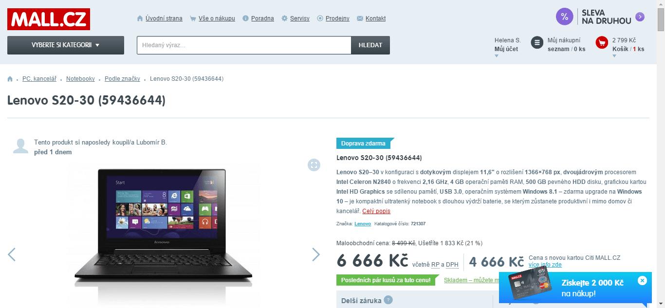 Lenovo, 11,6" dotyk, 2,58GHz, 4GB RAM - sleva 1100