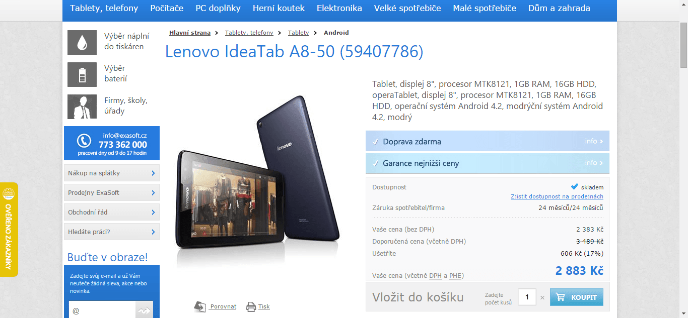 Tablet Lenovo, 4x 1,3GHz, 1GB RAM, 8" - sleva 700