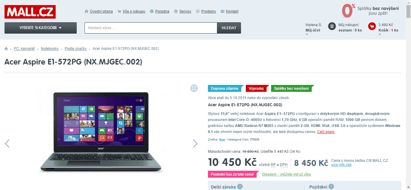 Acer, dotyk, i3, 4GB RAM, 2GB grafika, 1TB HDD