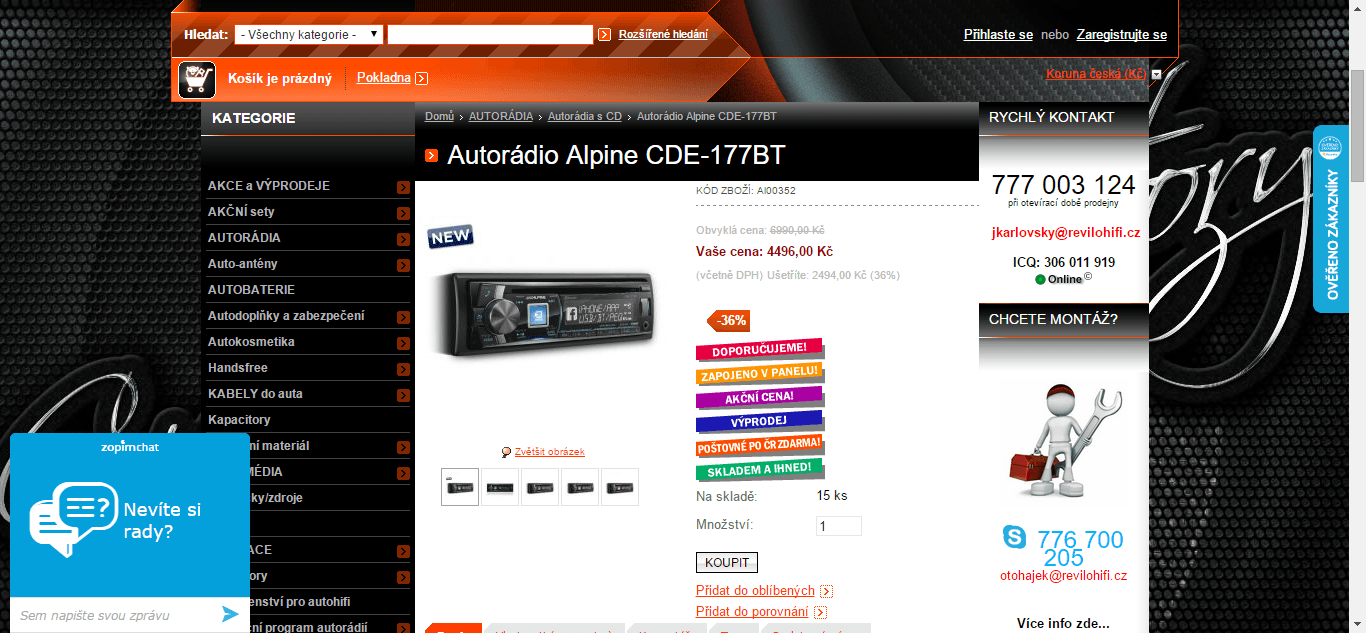 Autorádio Alpine, BT, CD, handsfree