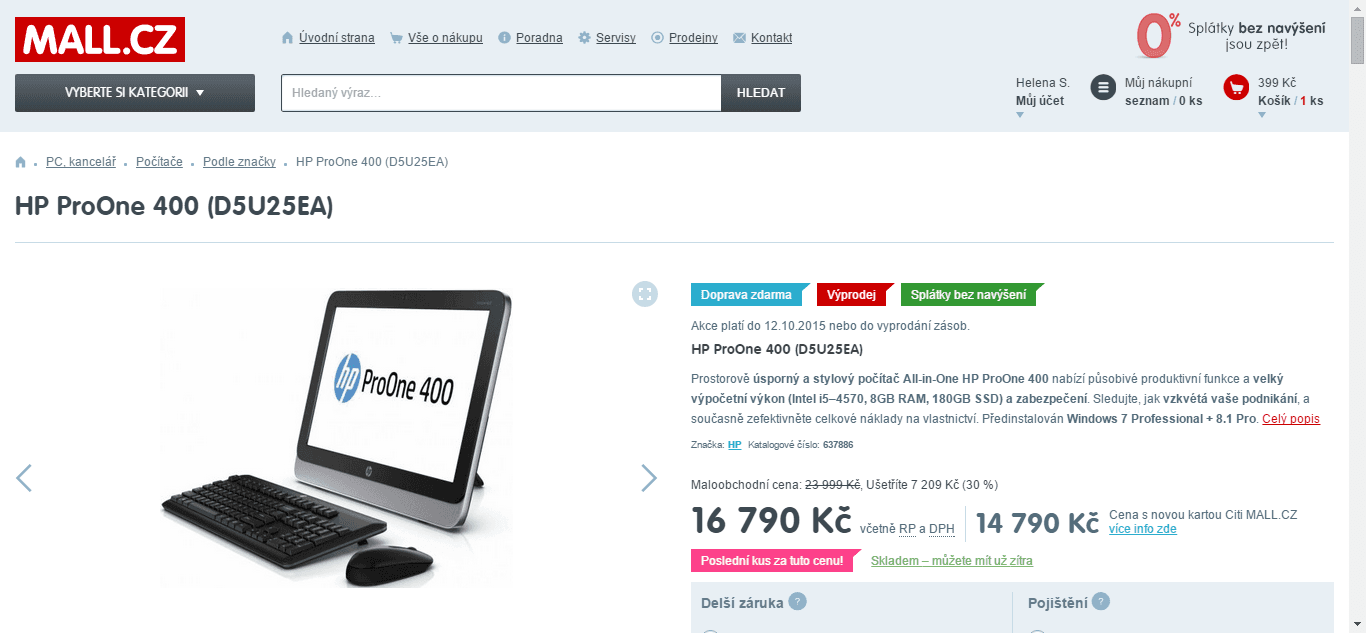 HP ProOne 400, i5, 3,6GHz, 8GB RAM