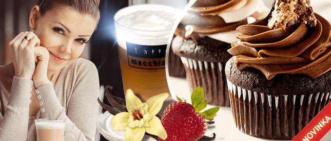 2x cupcake (jahoda, čokoláda, vanilka)+ cafe latte