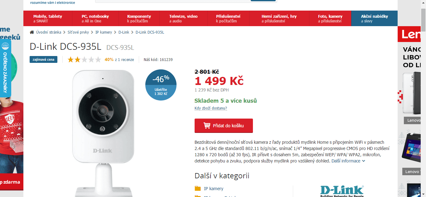 IP kamera D-Link, wifi, noční vidění, zvuk
