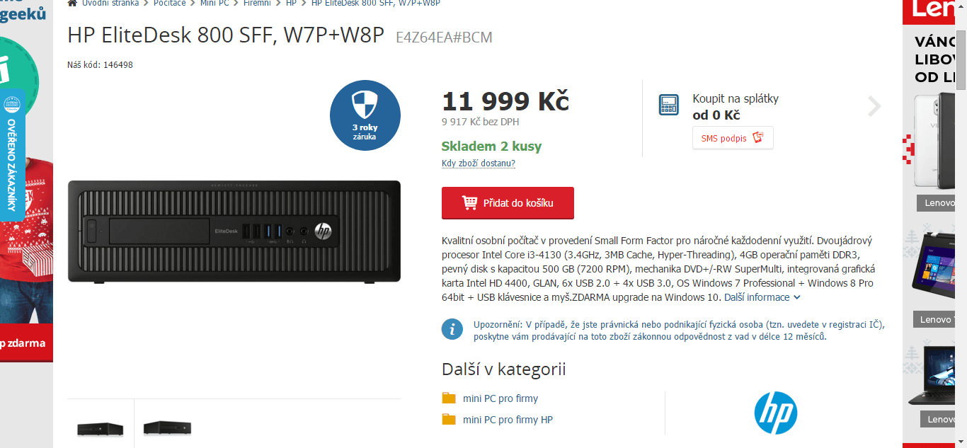 PC HP, i3 - 3,4GHz, 4GB RAM, myš a klávesnice