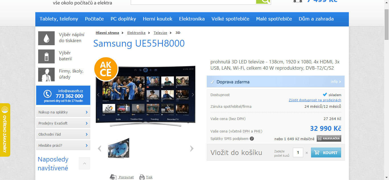 Prohnutá TV Samsung, 3D, Smart, 138 cm