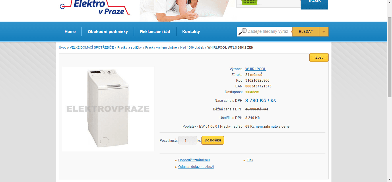 Pračka Whirlpool, 6,5kg, 1200 otáček, A+++