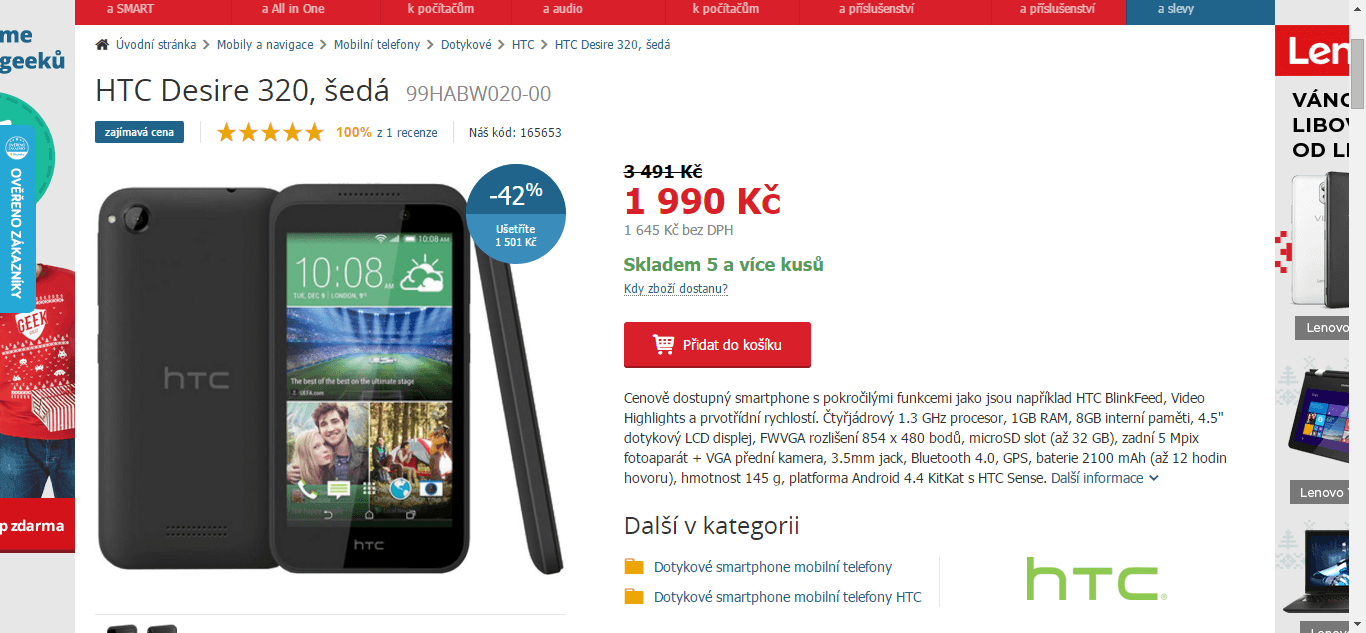 HTC Desire 320, 4x 1,3GHz, 1GB RAM, 4,5"