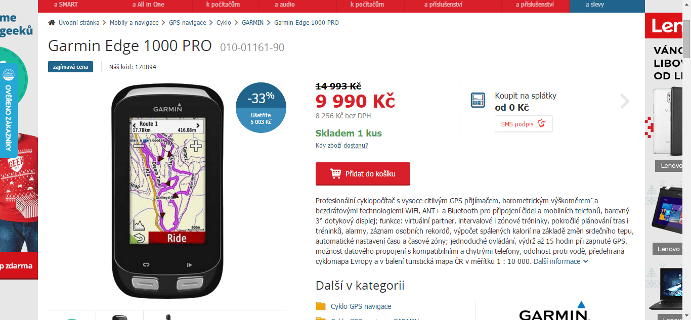 Cyklo počítač Garmin Edge 1000 PRO