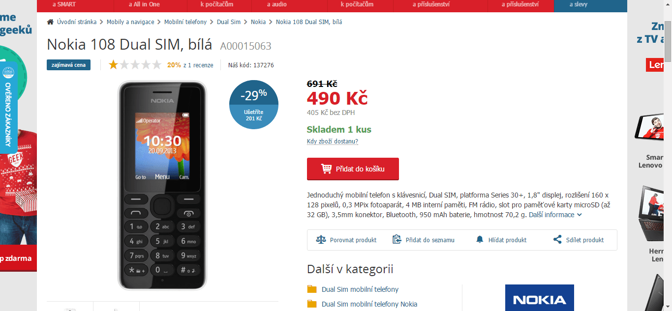 Mobil pro nenáročné Nokia 108 Dual, bílá