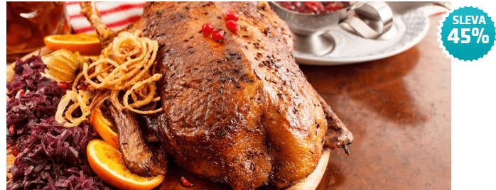 Šťavnatá kachna 2kg,knedlo,zelčo a lahev vínečka 