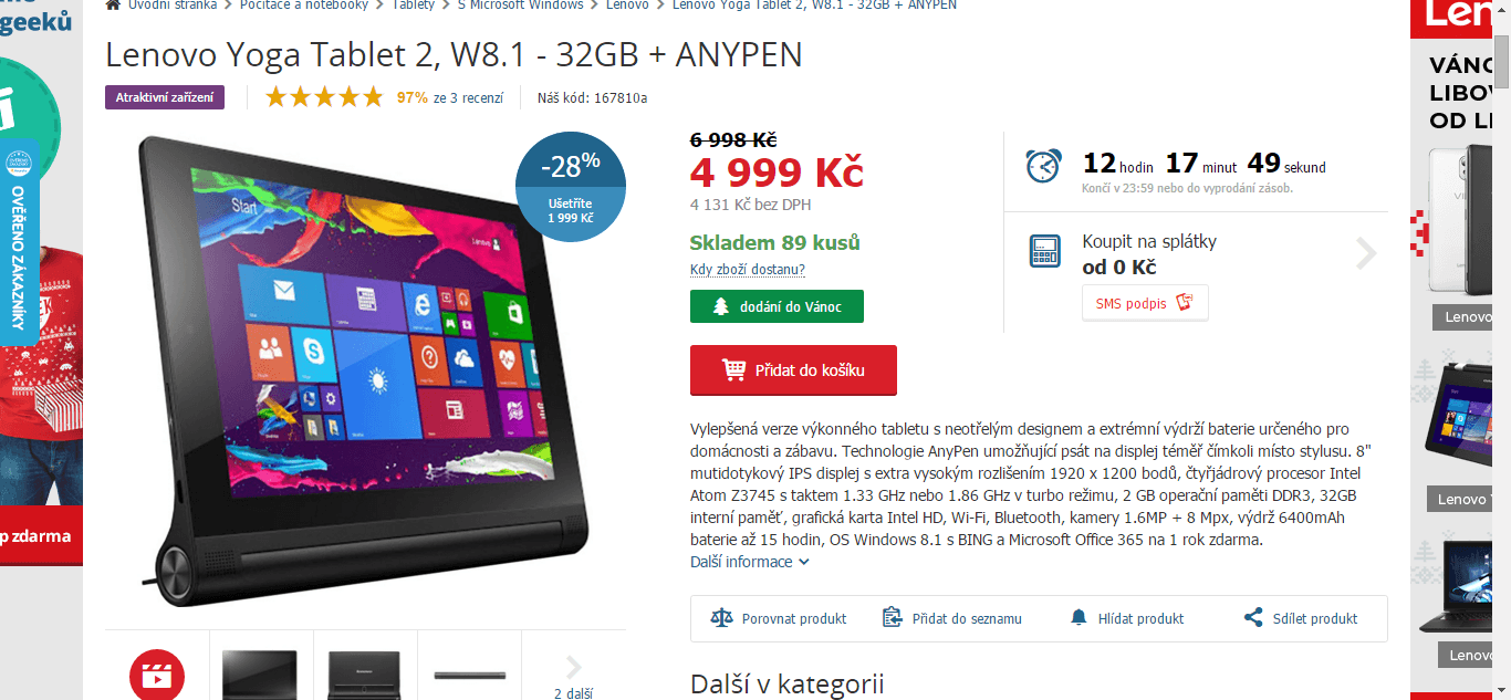 Lenovo Yoga, 8", 4x 1,86GHz, 2GB RAM