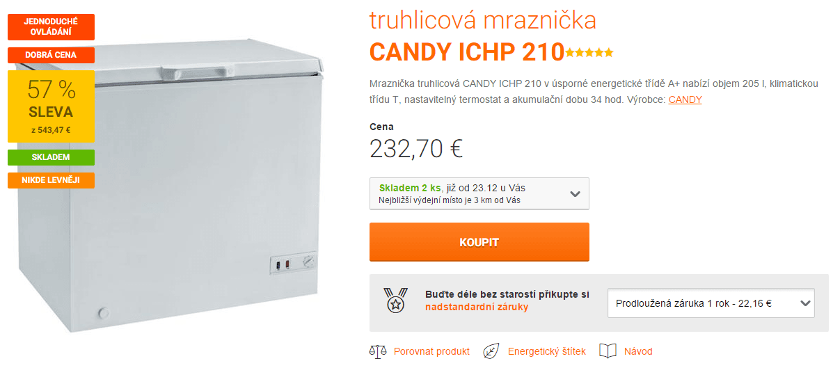 Pultový mrazák Candy, objem 205 l