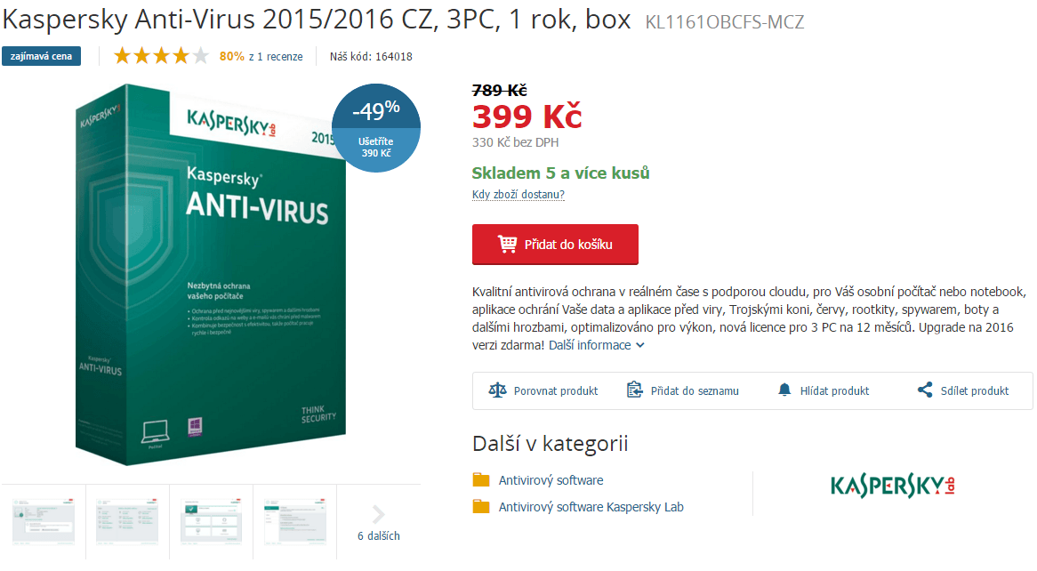 Kaspersky Antivirus 2015 3 lic. 1 rok