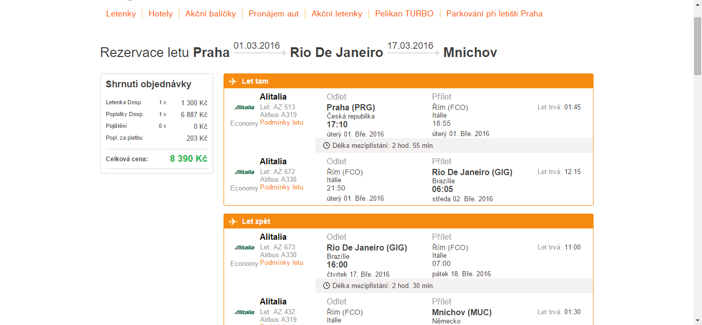 Zpáteční letenky Praha - Rio de Janeiro