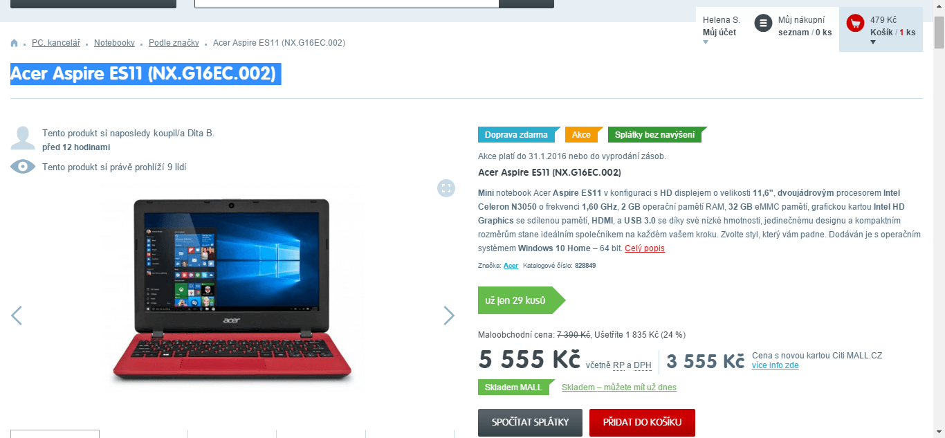 Acer, až 2,16GHz, 2GB RAM, 11,6"