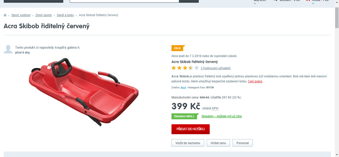 Skibob s volantem a brzdou Acra 