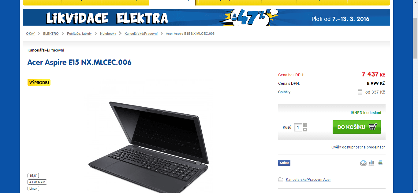 Acer, i3, 4GB RAM, SSD, 2GB grafika, 15,6"