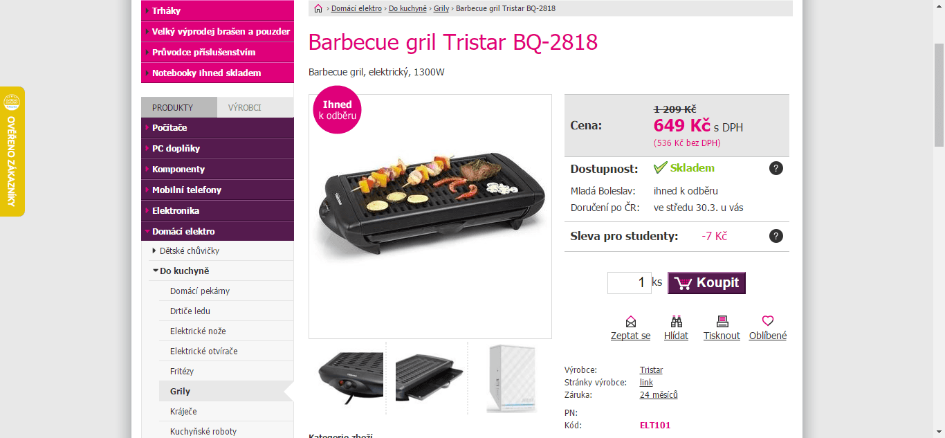 Stolní el. gril 38x26 cm - Tristar