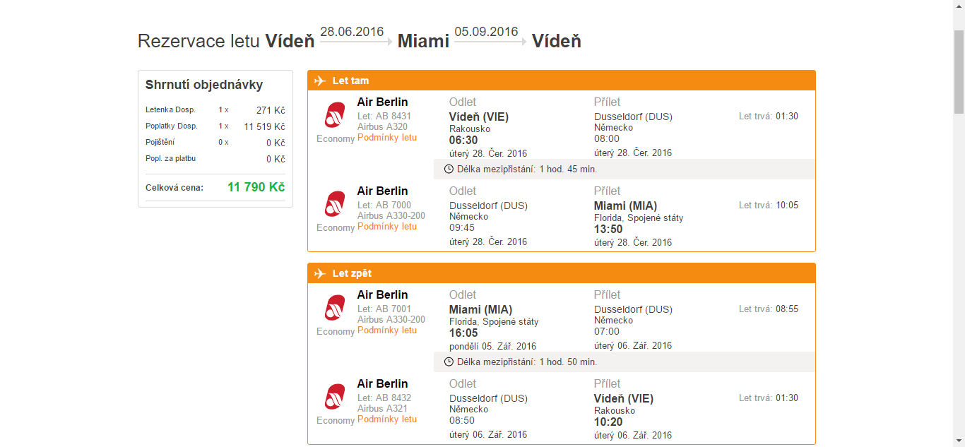 Zpáteční letenky Vídeň - Miami