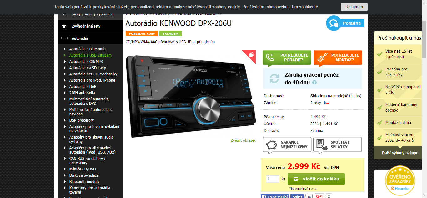 Autorádio Kenwood, USB, CD, iPod