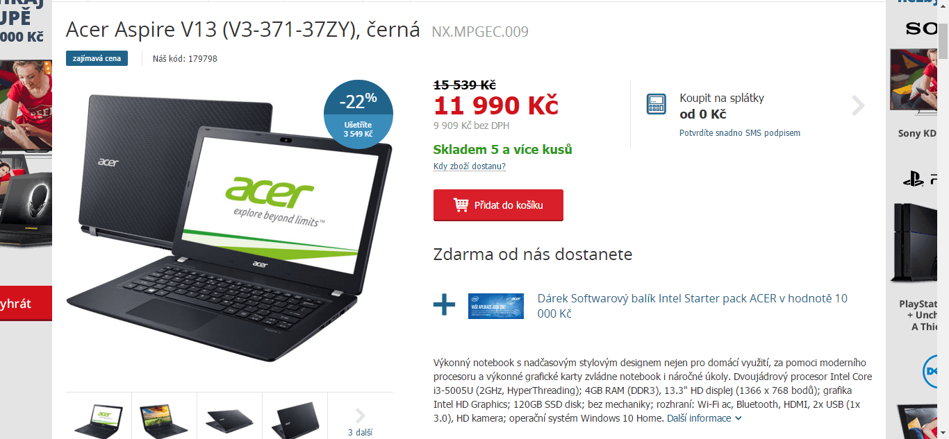 Acer V13, i3, 2GHz, 4GB RAM, 13,3", SSD