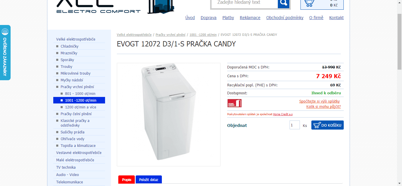 Pračka Candy, 7kg, 1200 ot., 15 programů