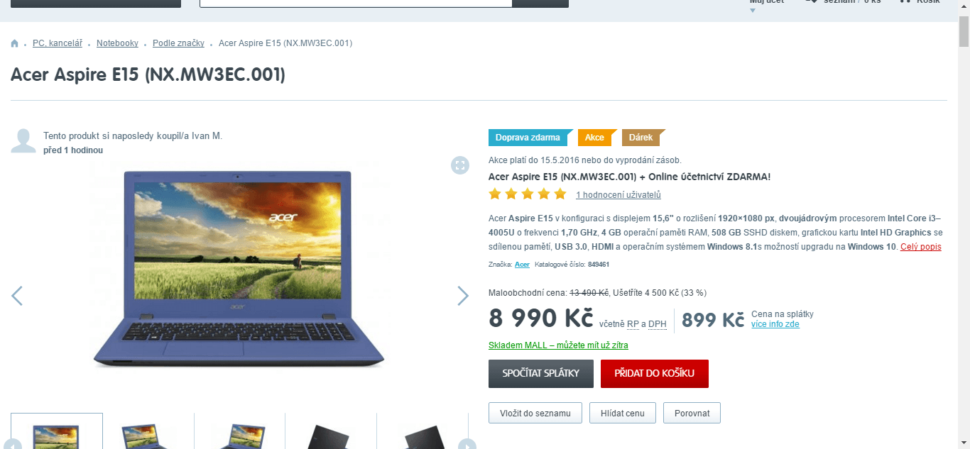 Acer, i3, 4GB RAM, 500GB SSHD, 15,6"