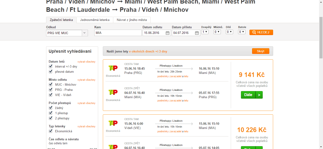 Zpáteční letenky Praha - Miami