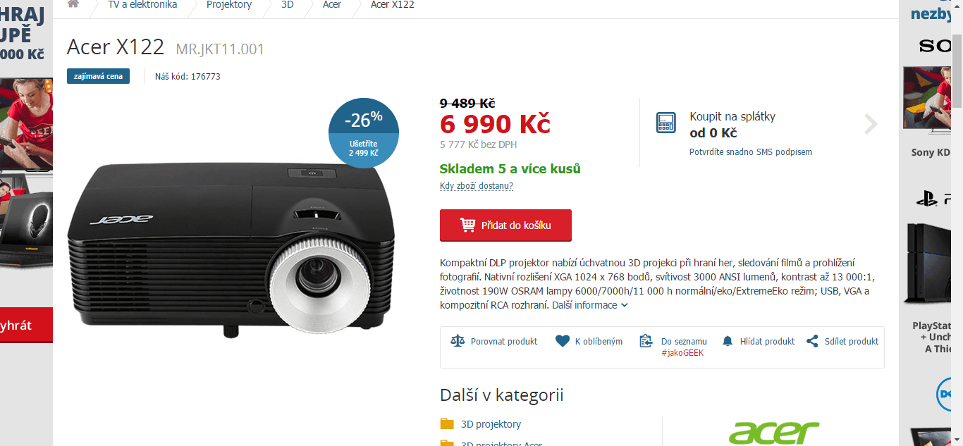 Projektor Acer, 3D, 3000Lum, XGA, 13000