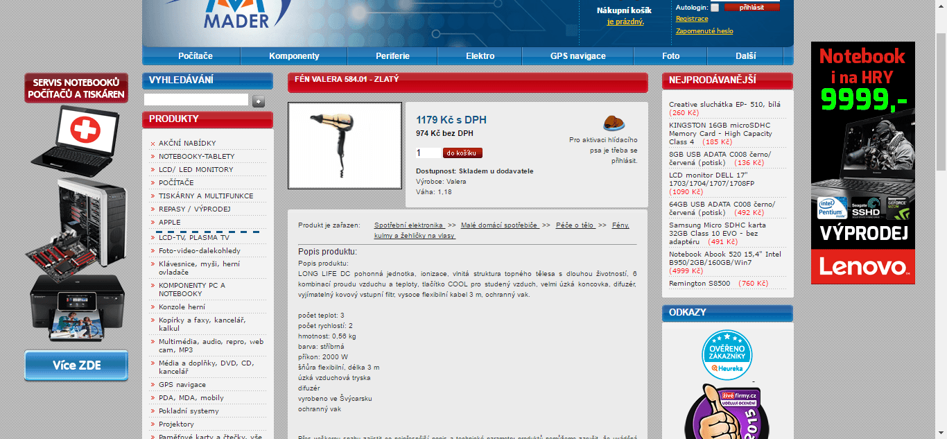 Profesionální fén Valera, zlatý