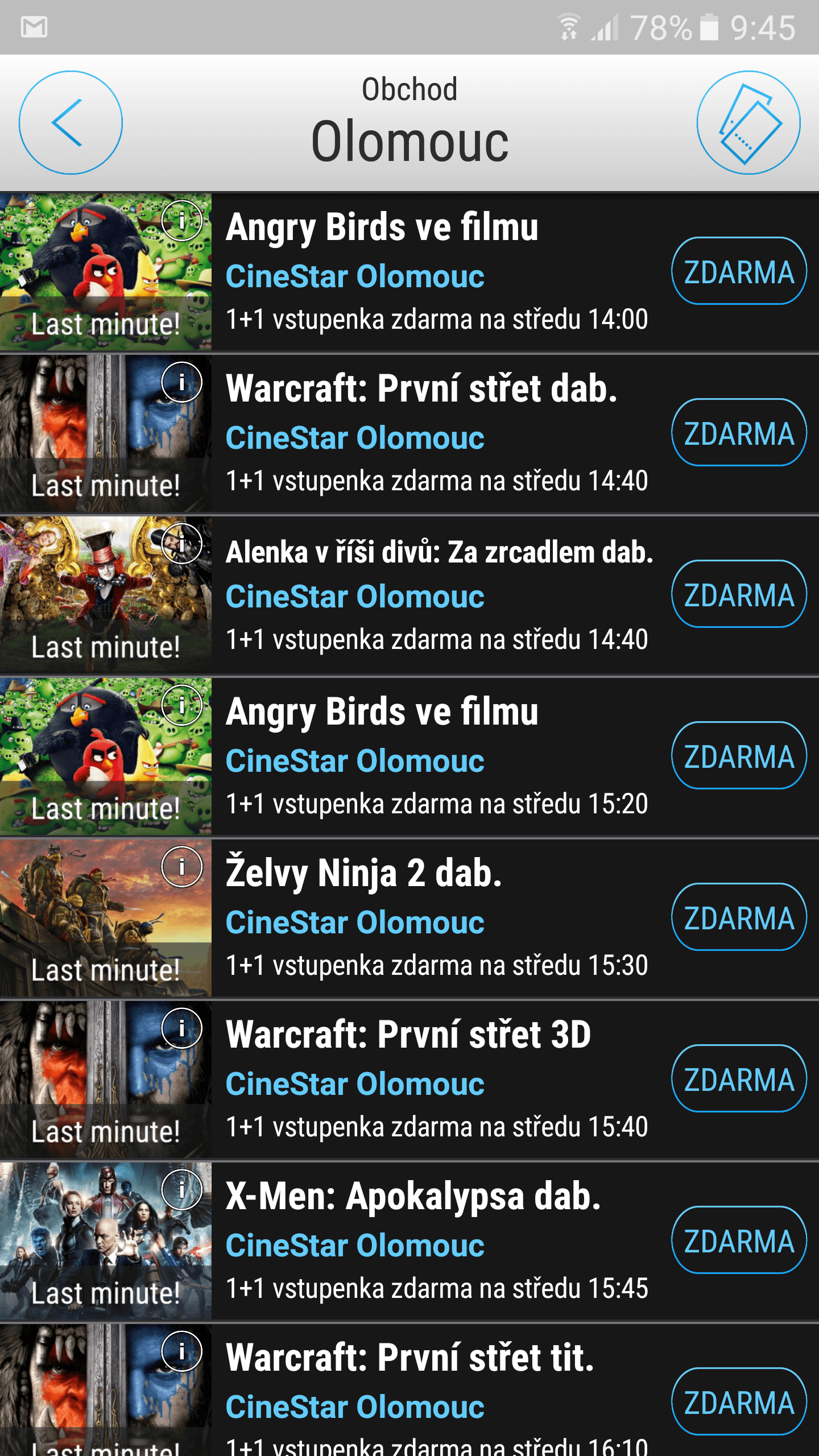 1+1 zdarma lístky do kin Cinestar