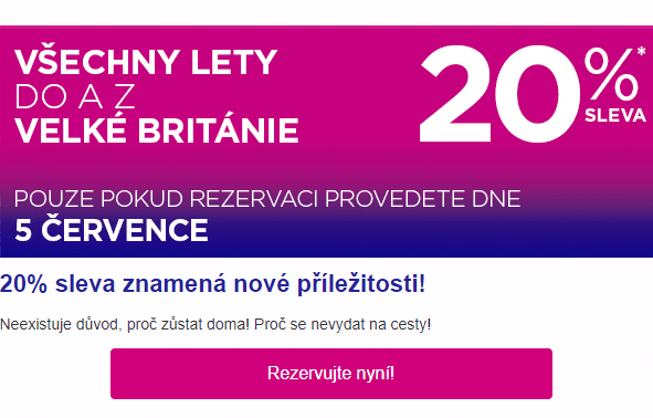 Sleva 20% na všechny lety do Velké Británie