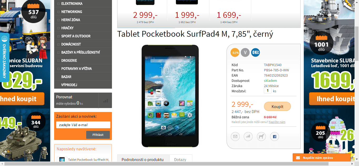 Tablet PocketBook, 8x 1,7GHz, 2GB RAM, 8"