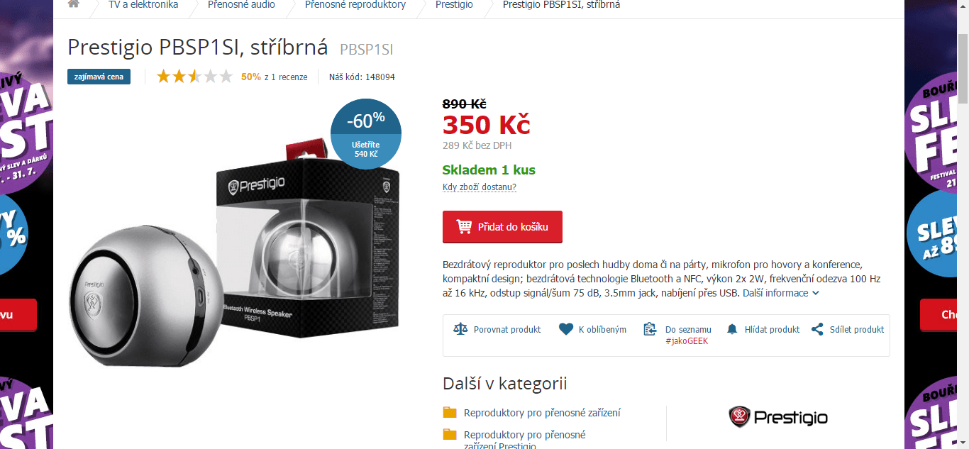 Bezdrátový reprák Prestigio, NFC, BT
