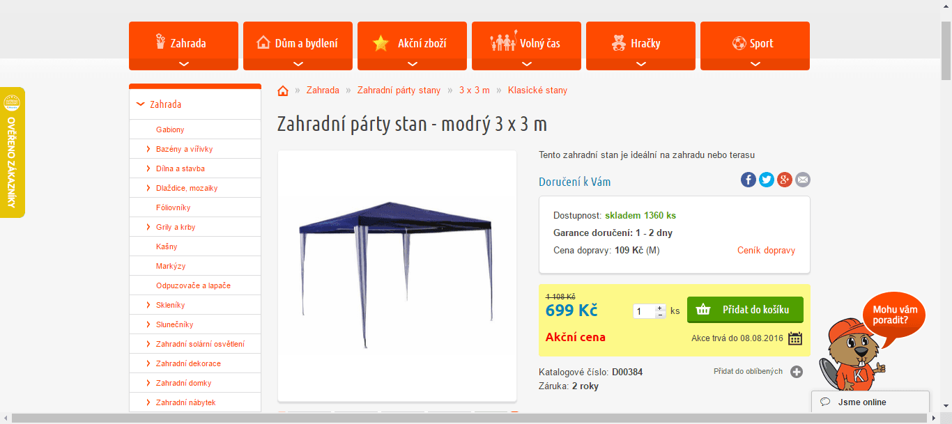 Zahradní párty stan 3x3 metry, výška 2 m