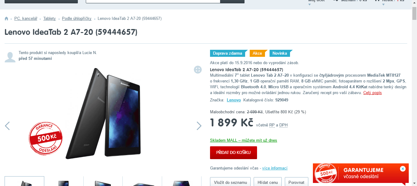 Tablet Lenovo, 4x 1,3GHz, 1GB RAM, 7"