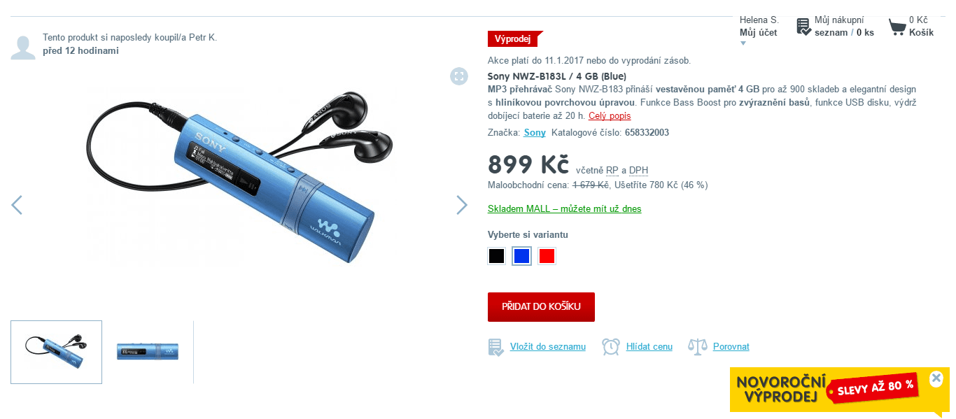 MP3 přehrávač Sony, 4 GB
