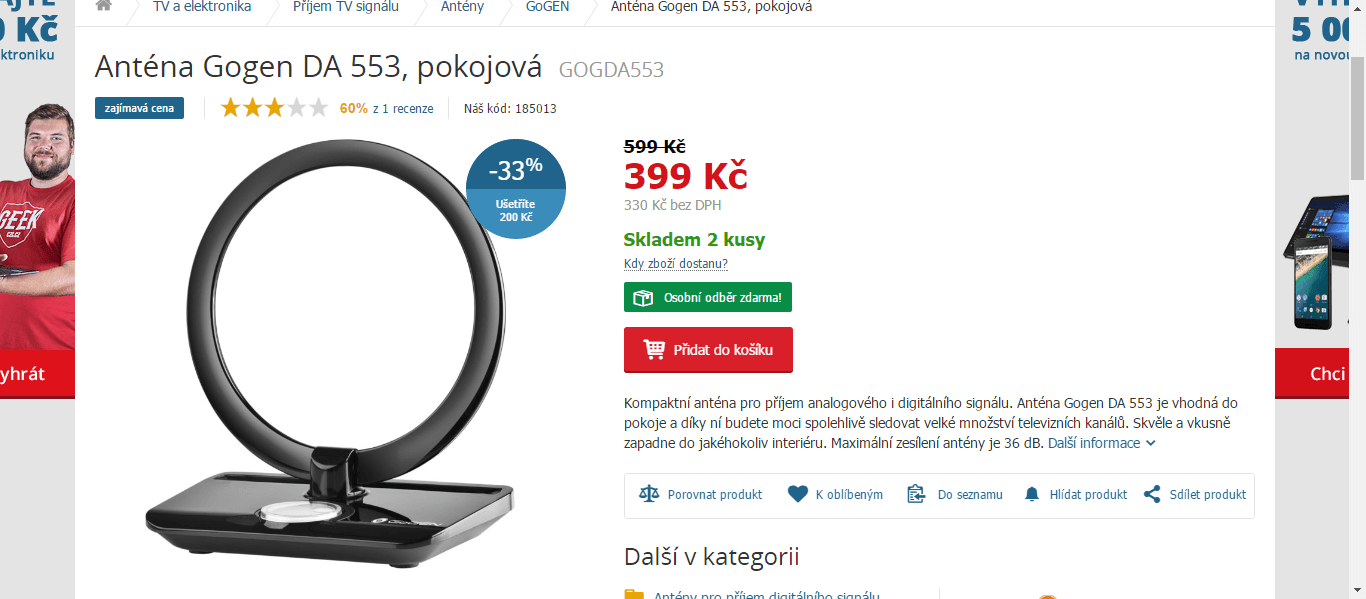 Aktivní pokojová anténa Gogen, digitál