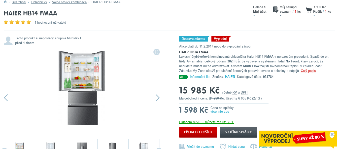 4 dveřová lednice Haier HB14